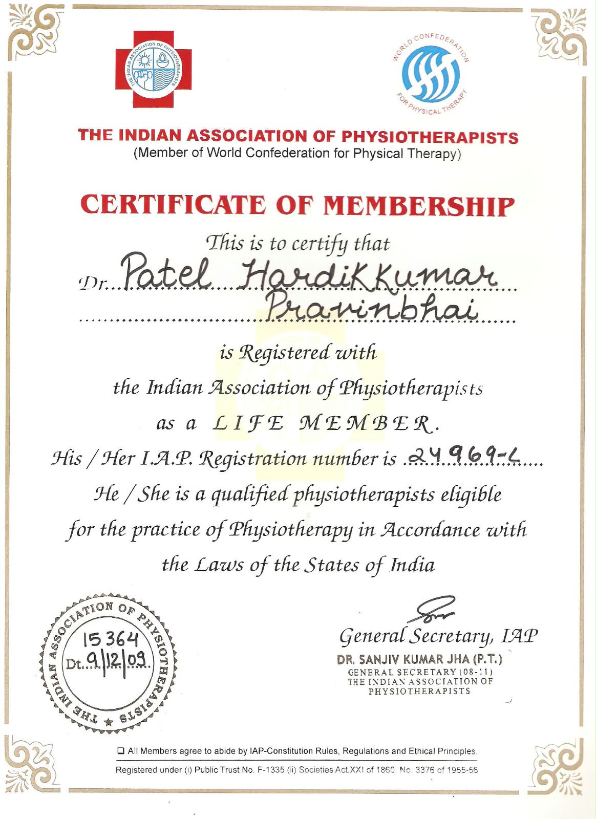 Life Membership Certificate — The Indian Association of Physiotherapists (IAP)